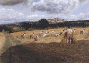 George Robert Lewis Dynedor Hill,Herefordshire,Harvest field with reapers (mk47) oil on canvas